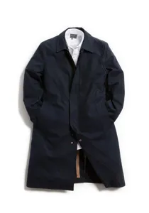Men's navy blue mid-length trench coat detail shot, casual daily wear clothing item view.