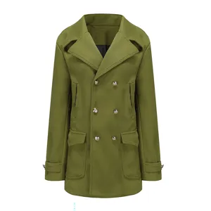 Cappotto di lana doppiopetto verde oliva stile britannico da uomo, lunghezza media