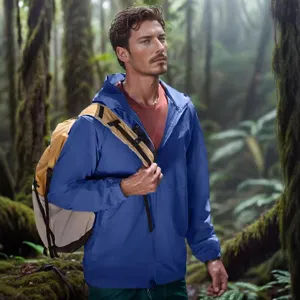 Men's blue hooded sun-protection athletic jacket, outdoor apparel detail shot, comfortable style.