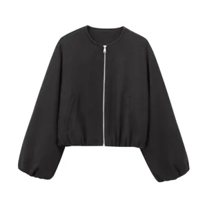 Femme veste courte noire col rond fermeture éclair avec manches lanternes vêtements d'extérieur
