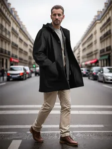 Vue détaillée du manteau en laine à capuche pour homme avec manches raglan et grandes poches.