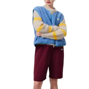 Women casual sleeveless fleece vest with striped sweater and shorts autumn fashion outfit