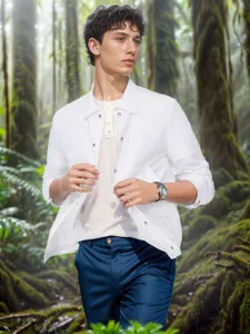 Close-up detail van een minimalistisch wit casual jack voor heren in het groene bos.