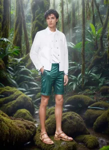 Heren casual witte jas en groene korte broek set voor stijlvolle lente en herfst kleding.