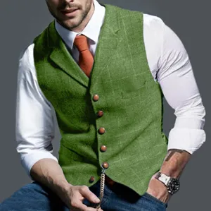 Close-up of a men's green plaid slim fit waistcoat with single-breasted buttons on a model