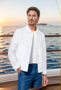 Stijlvol wit casual herenjack gedragen op een luxe jacht tijdens de prachtige zonsondergang.
