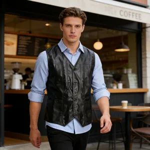 Men's black PU leather vest casual V-neck button waistcoat with striped shirt top