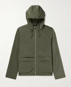 Men's olive green hooded windbreaker jacket with full zip and practical front flap pockets for daily wear.