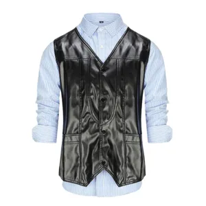 Men fashion PU leather V-neck vest matched with blue striped long sleeve shirt spring