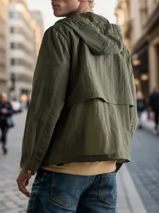 Men's lightweight hooded windbreaker jacket casual outdoor sunscreen coat solid color.