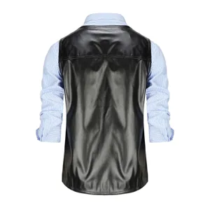 Men's black PU leather vest paired with a blue and white striped shirt for casual stylish look.