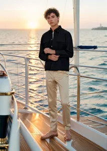 Mann in schwarzer minimalistischer Leichtjacke auf einer Luxusyacht bei Sonnenuntergang