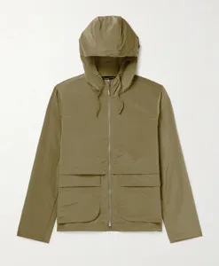 Detail view of olive green hooded jacket, featuring full zipper and utility front pockets.