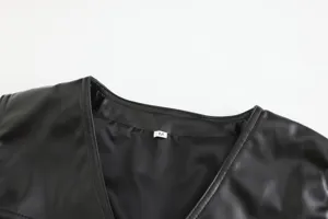 Men black PU leather V-neck vest detail shot showcasing collar design and size M label.