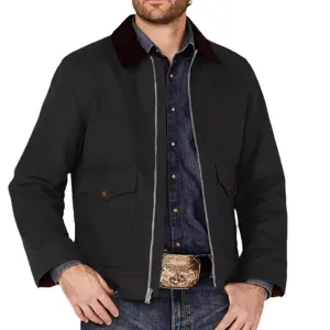 Minimalistische schwarze Herren-Segeltuchjacke mit braunem Cordkragen im Kontrast.