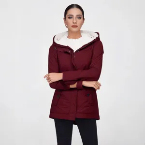 Stylish mid-length burgundy women's hooded jacket featuring a cozy white fleece lining