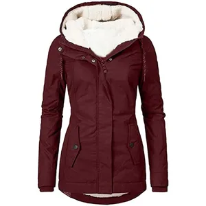 Close-up of a women's wine red hooded mid-length parka with white fleece lining