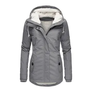 Detailed view of women's grey mid-length winter parka featuring warm white fleece lining