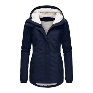 Detailed front view of navy blue hooded winter jacket with soft white fleece lining