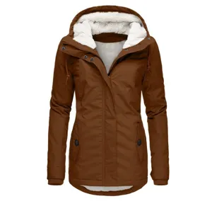 Detail of mid-length women's brown hooded winter jacket with white fleece lining