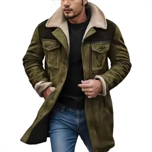 Detail shot of men's olive green suede jacket with Sherpa fleece collar and pockets