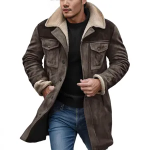 Stylish men's brown suede winter jacket with cozy faux shearling lining and pockets