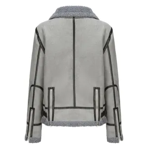 Stylish women's autumn winter short shearling jacket faux suede thick outerwear grey.