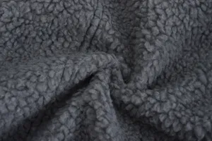 Dark gray sherpa fleece fabric detail, soft and thick winter jacket material close up.