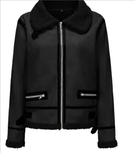 Women's Black Faux Shearling Suede Biker Jacket Winter Warm Thick Fleece Fur Coat