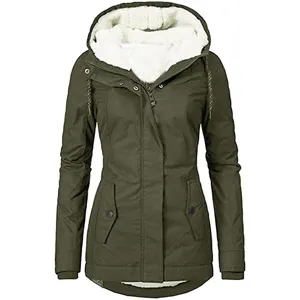 Premium women's olive green mid-length hooded parka jacket with warm white fleece lining