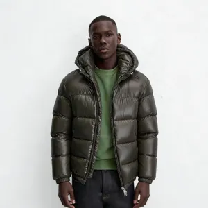 Men Casual Glossy Puffer Jacket American Style Solid Color Thicken Hooded Coat Warm Windproof Polyester Winter Top Outerwear