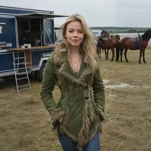 Bohemian green suede jacket with shaggy fur collar and distressed hem on model