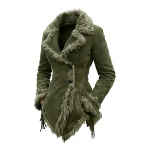 Close-up of green vintage faux suede coat with fur trim and lapel collar.
