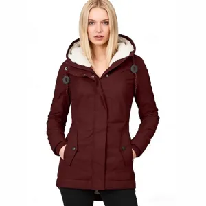 Full front view of a women's burgundy winter parka featuring a white fleece-lined hood