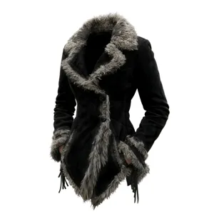 Detailed view of a vintage black faux suede jacket with elegant faux fur collar and fringes