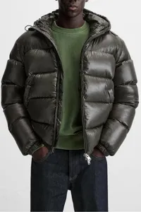 Men's glossy hooded puffer jacket casual winter warm outerwear zip up trendy streetwear.