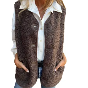 Automne hiver femmes marron mouton polaire bouton gilet décontracté sans manches veste