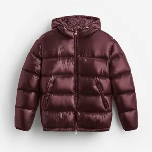 Glossy maroon hooded puffer jacket detail, winter casual warm outerwear product feature.