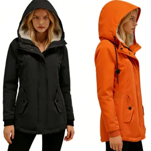 Front and side view of hooded winter parka in black and orange colors