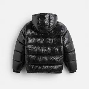 Mens black glossy hooded puffer jacket winter casual thick warm quilted coat outer apparel