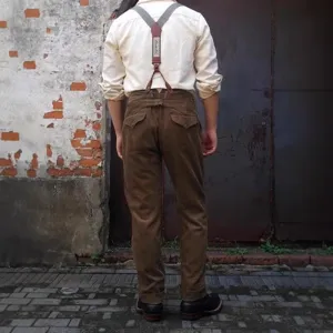 Mens retro brown casual trousers with suspenders vintage style back view product display