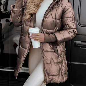 Stylish women's bronze puffer jacket with star-pattern quilting and hood detail.