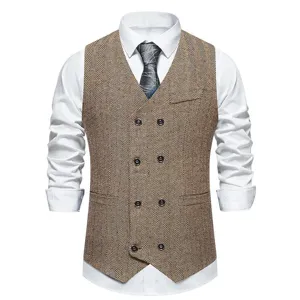 Men's herringbone double-breasted suit vest detail, classic business casual waistcoat.