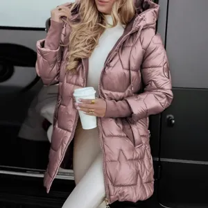 Fashionable rose gold metallic hooded puffer jacket with a unique quilted star pattern detail
