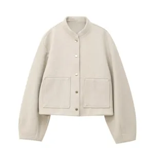 Women casual stand collar single-breasted pocket jacket detail view showing fine fabric and buttons