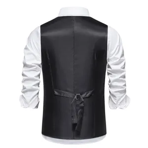 Men's black suit vest back view showing adjustable back strap and elegant tailoring details.