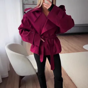 Women's autumn long sleeve belted magenta short trench coat casual commute stylish jacket