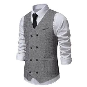 Men's double-breasted herringbone suit vest waistcoat with white shirt detail view.