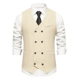 Close-up view of the classic herringbone texture and double-breasted buttons on vest.