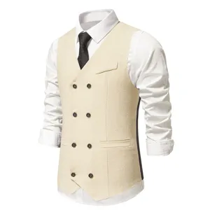 Men's herringbone suit vest detail, stylish double-breasted waistcoat for autumn fashion.